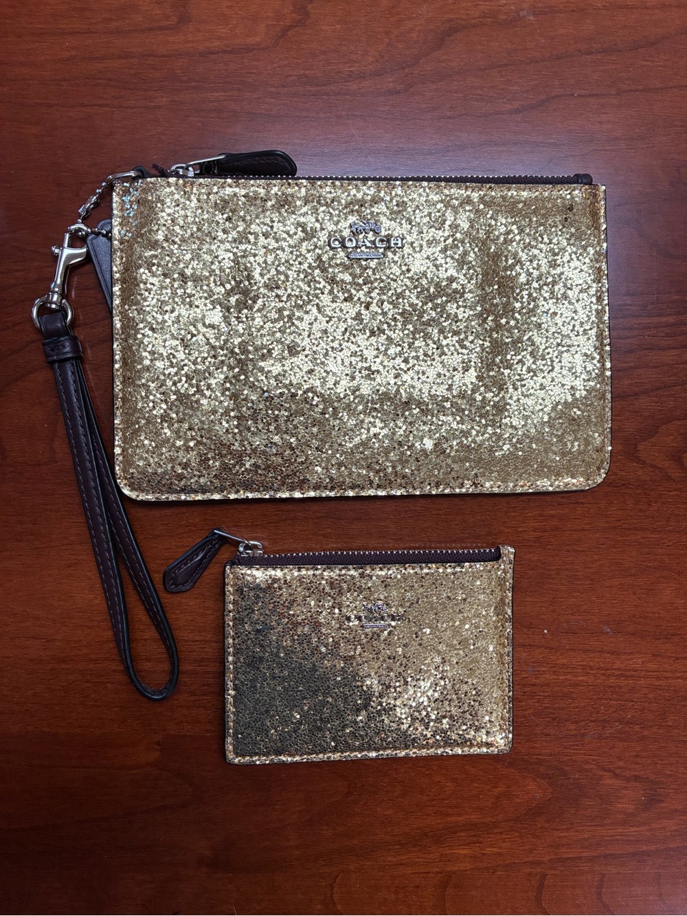 Coach Gold Glitter Wristlet and Card Holder Set